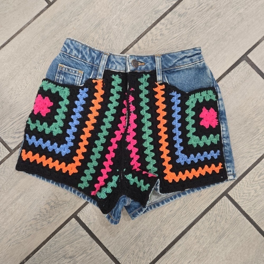 Farm Rio Crochet Denim Shorts High Waisted Multi Color Knit Blue Size 23 NEW